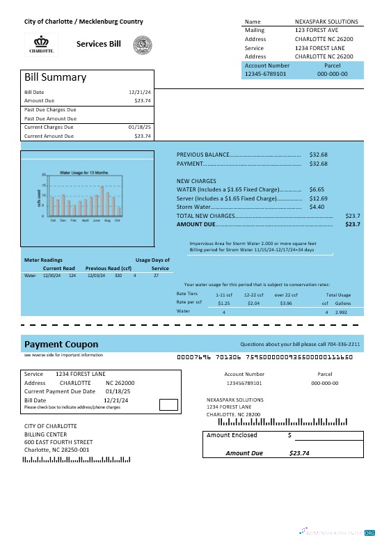 USA North Carolina City of Charlotte water business utility bill template in Word and PDF formats